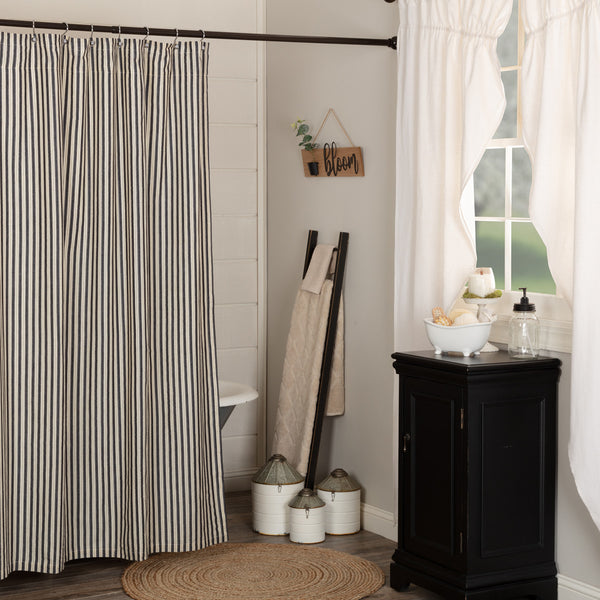 Grey ticking stripe cotton shower curtain 72x72 with white lining in farmhouse bathroom