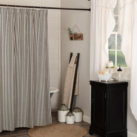 Grey ticking stripe cotton shower curtain 72x72 with white lining in farmhouse bathroom