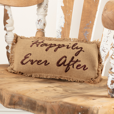 Burlap Natural Pillow Happily Ever After 7x13, Primitive Country Farmhouse Home Decor.