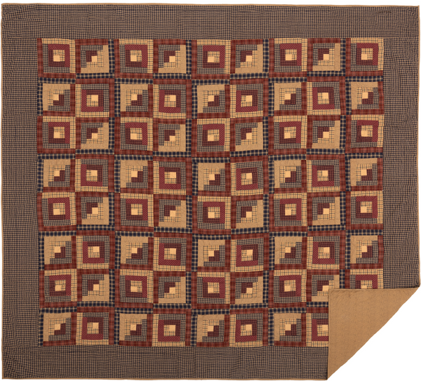 Millsboro King Quilt 110Wx97L, vintage log cabin patchwork design with contrasting colors of navy, burgundy, and tan, finished with a navy plaid border. Primitive Country Farmhouse Bedding Home Decor.