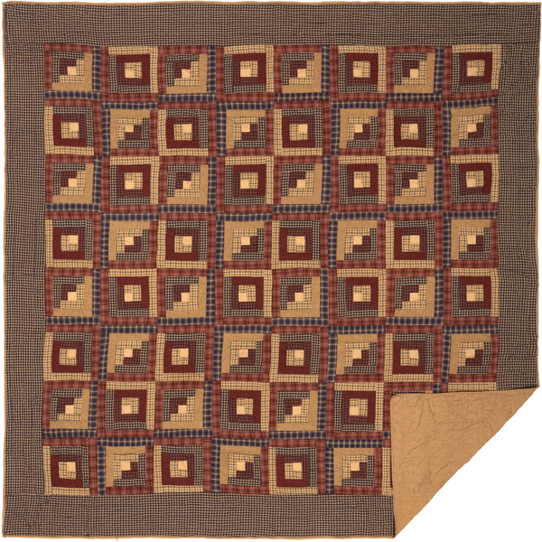 Millsboro Queen Quilt 94Wx94L, vintage log cabin patchwork design with contrasting colors of navy, burgundy, and tan, finished with a navy plaid border. Primitive Country Farmhouse Bedding Home Decor.