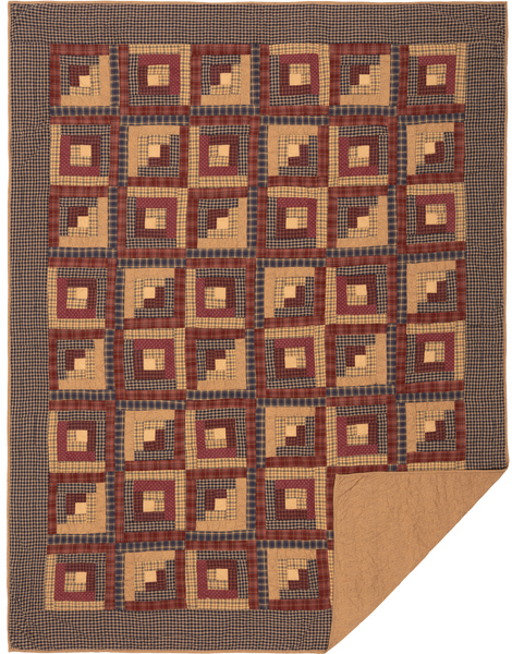 Millsboro Twin Quilt 70Wx90L, vintage log cabin patchwork design with contrasting colors of navy, burgundy, and tan, finished with a navy plaid border. Primitive Country Farmhouse Bedding Home Decor.