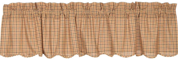 Millsboro Valance Scalloped 16x72,  featuring burgundy, navy, and tan plaid with scalloped edges. Primitive Country Farmhouse Window Treatments Curtains Home Decor.