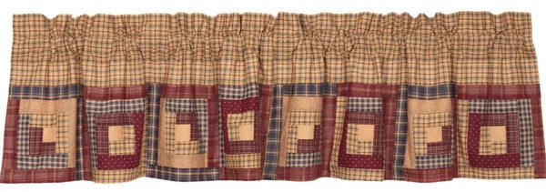 Millsboro Valance Log Cabin Block Border 16x72, plaids and ditsy print fabrics in a log cabin pattern along the border that accentuate the burgundy, navy, and tan plaid base fabric. Primitive Country Farmhouse Window Treatments Curtains Home Decor.