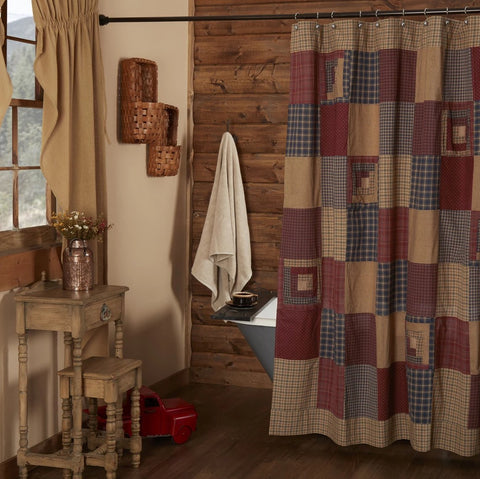 Millsboro Shower Curtain 72x72,  log cabin patches in navy, burgundy, and tan resting among assorted block patches in plaids and ditsy print fabrics. Primitive Country Farmhouse Bath Bathroom Home Decor.