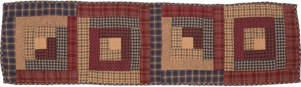Millsboro Runner Log Cabin Block Quilted 13x48,  log cabin block pattern in burgundy, navy, and tan. Primitive Country Farmhouse Kitchen Table Dining Home Decor.