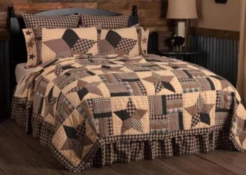Bingham Star Over-sized Luxury King Quilt 120Wx105L, Soft Black, Khaki, Barn Red, Alternating large 5-point star blocks and strip block patches. Primitive Country Farmhouse Quilted Bedding Home Decor.