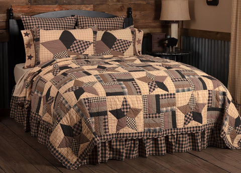 Bingham Star King Quilt 110Wx97L, features colorful 5 point patchwork stars set on a windowpane check, separated by blocks of fabric strips. Pitch Black, Tan, Deep Red. Primitive Country Farmhouse Barn Bedding Home Decor.