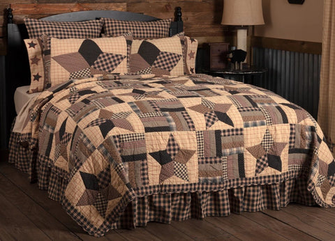 Bingham Star Queen Quilt 94Wx94L, Soft Black, Khaki, Barn Red in Alternating large 5-point star blocks and strip block patches. Primitive Country Farmhouse Quilted Bedding Home Decor.
