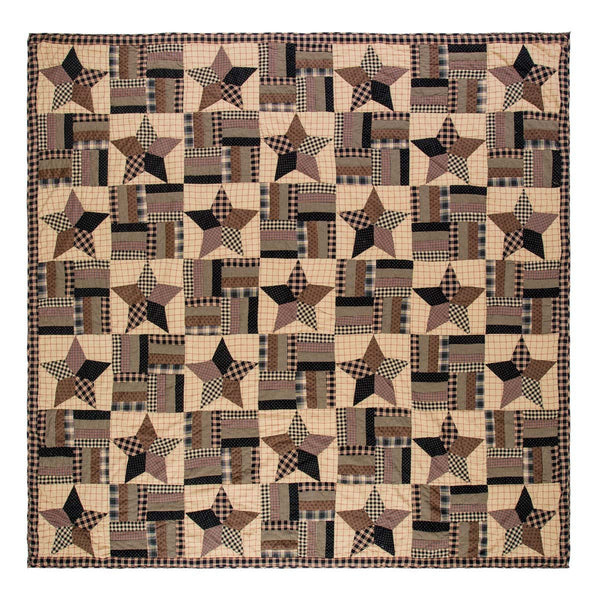 Bingham Star Queen Quilt 94Wx94L, Soft Black, Khaki, Barn Red in Alternating large 5-point star blocks and strip block patches. Primitive Country Farmhouse Quilted Bedding Home Decor.