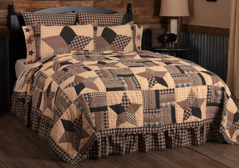 Bingham Star Twin Quilt 70Wx90L alternating 5 point stars and strips of plaid, Soft Black, Khaki, Barn Red. Primitive Country Farmhouse Quilted Bedding Home Decor.