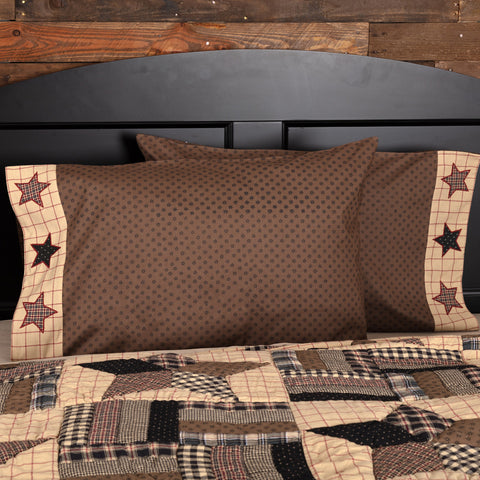 Bingham Star Standard Pillow Case Set of 2 21x30,  ditzy stars printed on a smooth chocolate background while the flap features our classic 5 point Bingham stars placed on a tan background with red window pane checks. Primitive Country Farmhouse Bedding Home Decor.