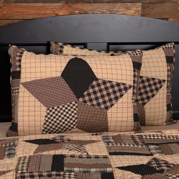 Bingham Star Standard Sham 21x27, Large 5-point patchwork star block flanked with rotating strip blocks black and tan fabrics with red accents. Primitive Country Farmhouse Quilted Bedding Home Decor.