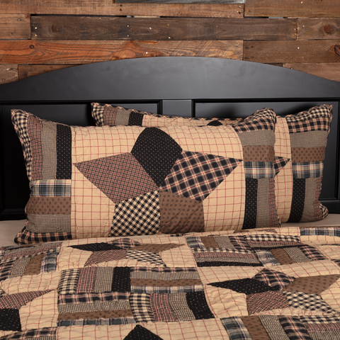 Bingham Star King Sham 21x37, Large 5-point patchwork star block flanked with rotating strip blocks black and tan fabrics with red accents. Primitive Country Farmhouse Barn Bedding Home Decor.