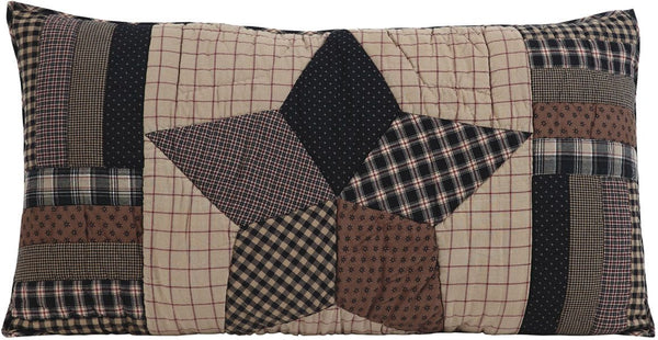 Bingham Star King Sham 21x37, Large 5-point patchwork star block flanked with rotating strip blocks black and tan fabrics with red accents. Primitive Country Farmhouse Barn Bedding Home Decor.