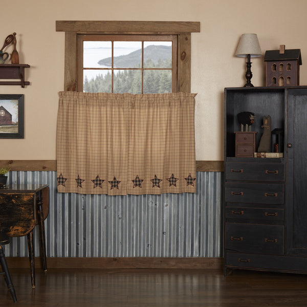 Bingham Star Tier Applique Star Set of 2 L36xW36, Khaki and burgundy windowpane check fabric Appliqued 5-point stars along bottom in black, red, and creme plaid fabric. Primitive Country Farmhouse Window Treatments Curtains Home Decor.