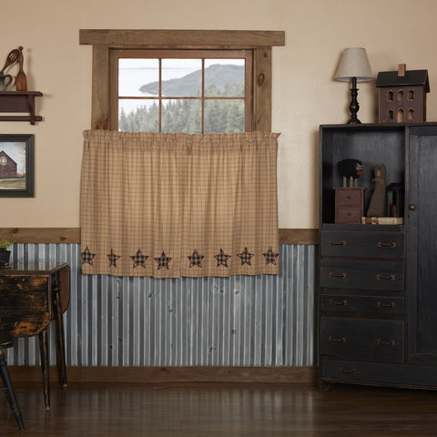 Bingham Star Tier Applique Star Set of 2 L36xW36, Khaki and burgundy windowpane check fabric Appliqued 5-point stars along bottom in black, red, and creme plaid fabric. Primitive Country Farmhouse Window Treatments Curtains Home Decor.
