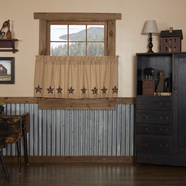 Khaki and burgundy windowpane check fabric Appliqued 5-point stars along bottom in black, red, and creme plaid fabric. Primitive Country Farmhouse Window Treatments Curtains Home Decor.