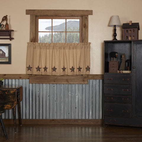 Khaki and burgundy windowpane check fabric Appliqued 5-point stars along bottom in black, red, and creme plaid fabric. Primitive Country Farmhouse Window Treatments Curtains Home Decor.