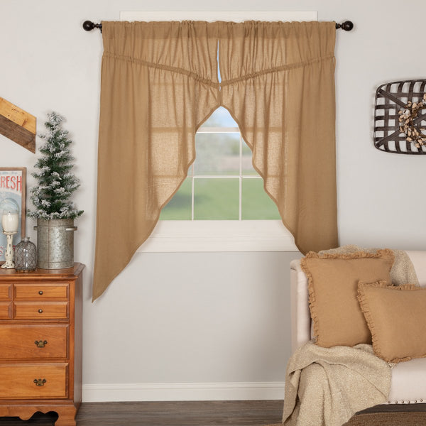 Natural burlap prairie short panel curtains set of 2 with drawstring ties 63x36x18 on farmhouse window