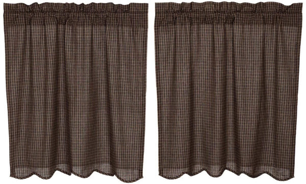 Kettle Grove Plaid Tier Scalloped Set of 2 L36xW36, Black and tan plaid fabric. Primitive Country Farmhouse Window Treatments Curtains Home Decor.