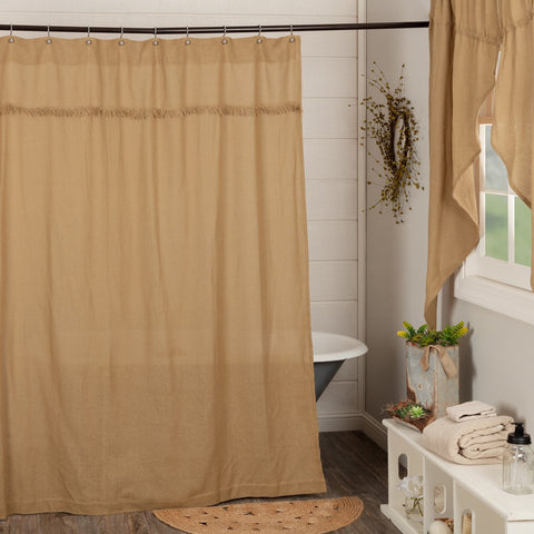 Natural burlap cotton shower curtain 72x72 with fringed header and button holes. Primitive Farmhouse.