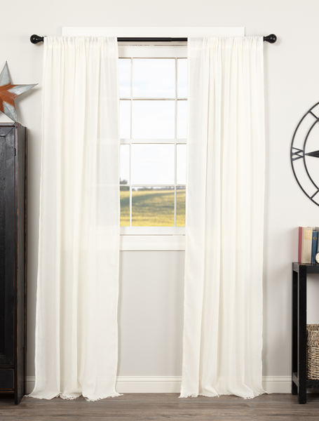 Set of 2 Tobacco Cloth Antique White Panels, 84x40 each. Sheer cotton with fringed edging filters light beautifully, adding rustic farmhouse charm.