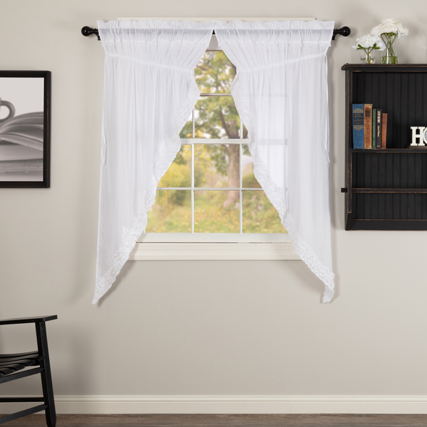 White Ruffled Sheer Prairie Short Panel Curtain Set 2 63x36x18, Primitive country Farmhouse Window Treatments Curtains Home Decor.