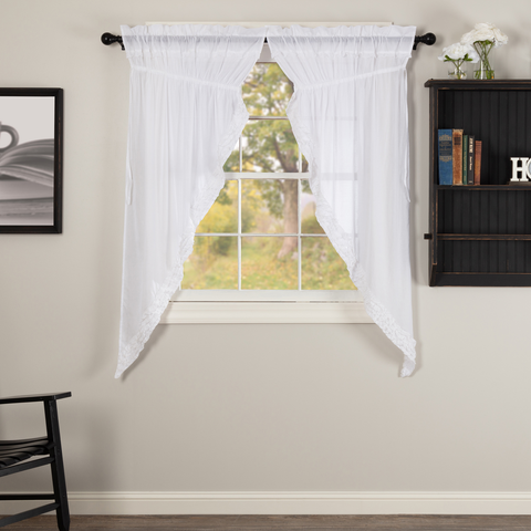 White Ruffled Sheer Prairie Short Panel Curtain Set 2 63x36x18, Primitive country Farmhouse Window Treatments Curtains Home Decor.