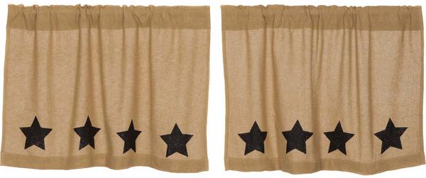 Burlap Natural Black Stencil Stars Tiers 24 in. natural fabric with black star accents, Primitive Country Farmhouse Window Treatments Curtains Home Decor & Accessories.