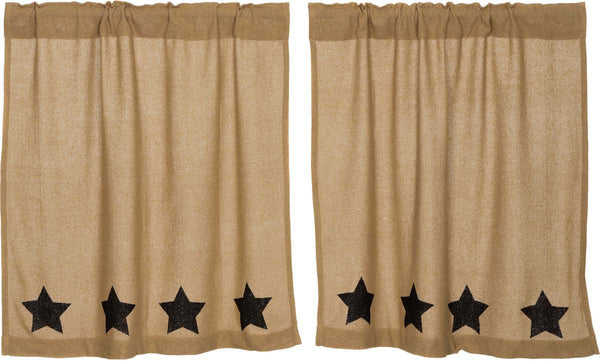 Burlap with Black Stencil Stars Tier Set of 2 L36xW36, Soft natural cotton burlap Bordered with black stenciled 5-point stars. Primitive Country Farmhouse Window Treatments Curtains Home Decor.