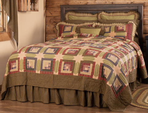 Tea Cabin King Quilt 110Wx97L, Log cabin blocks in earthy greens, deep red and warm navy with accent 8-point stars in solid tea stain. Primitive Country Farmhouse Quilted Bedding Home Decor.