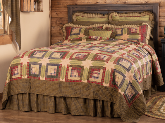 Tea Cabin California King Quilt 130Wx115L, Log cabin blocks in earthy greens, deep red and warm navy with accent 8-point stars in solid tea stain. Primitive Country Farmhouse Quilted Bedding Home Decor.
