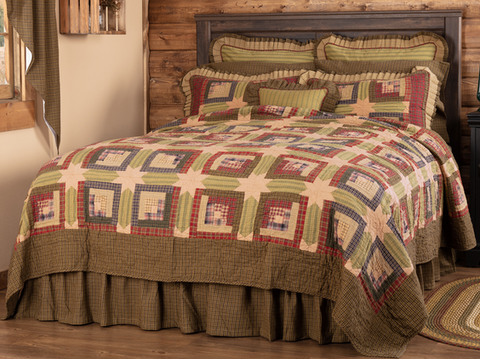 Tea Cabin Luxury King Quilt 120Wx105L, Log cabin blocks in earthy greens, deep red and warm navy with accent 8-point stars in solid tea stain. Primitive Country Farmhouse Quilted Bedding Home Decor.