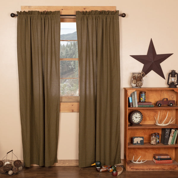 Tea Cabin Green Plaid Panel Set of 2 84x40, features a plaid in medium and deep olive green tones, highlighted with creme for a lodge appeal. Primitive Country Farmhouse Window Treatments Curtains Home Decor.