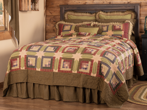 Tea Cabin Queen Quilt 94Wx94L, og cabin blocks in earthy greens, deep red and warm navy with accent 8-point stars in solid tea stain. Primitive Country Farmhouse Bedding Home Decor.