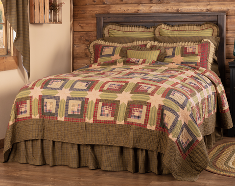 Tea Cabin Twin Quilt 70Wx90L, Primitive Country Farmhouse Green Bedding Home Decor & Accessories.