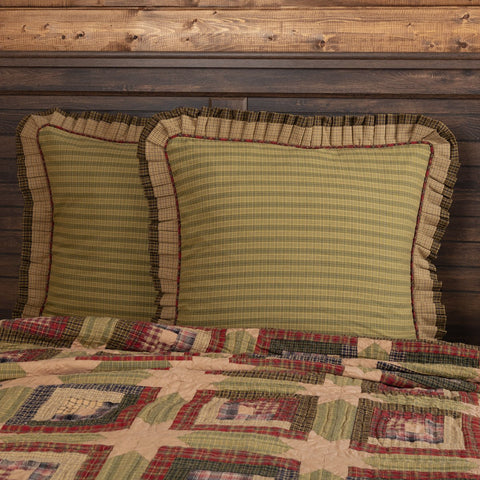Tea Cabin Euro Sham Fabric Ruffled, Front of the sham is multi color green and tan plaid fabric with red piping and contrasting double ruffles. Primitive Country Farmhouse Bedding Home Decor.