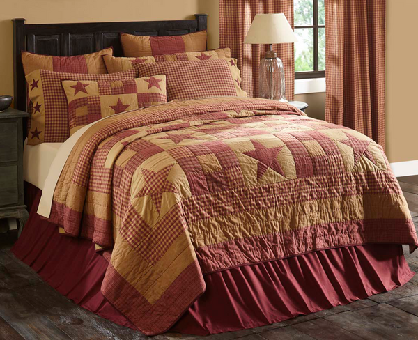 Ninepatch Star Over-sized Luxury King Quilt, alternates large burgundy stars with burgundy and khaki multi fabric blocks., Primitive Country Farmhouse Quilted Bedding Home Decor.