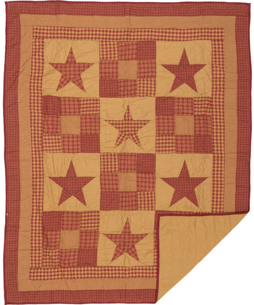 The Ninepatch Star Quilted Throw features a 3x4 grid of alternating plaid stars and ninepatch blocks. These classic primitive designs are bordered by rectangular frames of the Ninepatch patterns