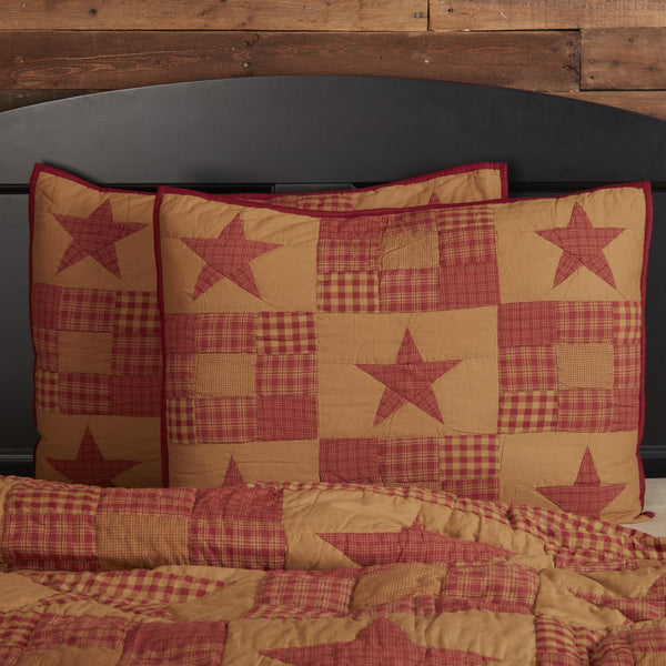 Ninepatch Star Standard Sham 21x27, Burgundy, Dark Tan checks with a 3x3 grid of plaid stars and nine patch blocks. Primitive Country Farmhouse Quilted Bedding Home Decor.