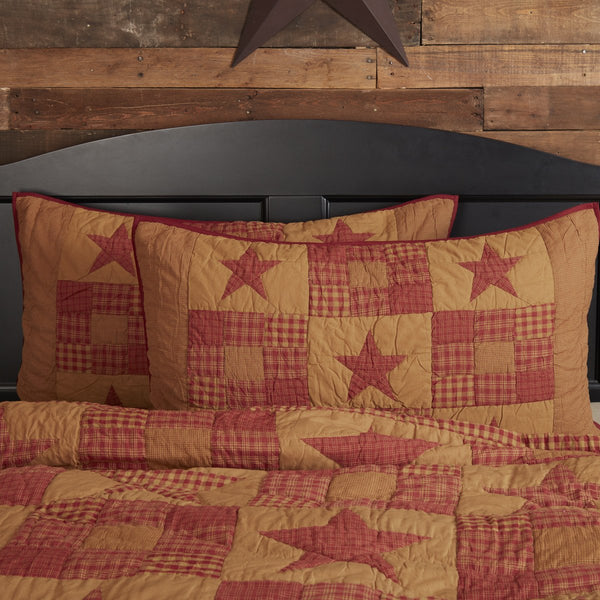The Ninepatch Star King Sham features a 3x3 grid of alternating plaid stars and ninepatch blocks. Reverses to solid burgundy with three boutique tie closures. Primitive Country Farmhouse Bedding Home Decor.