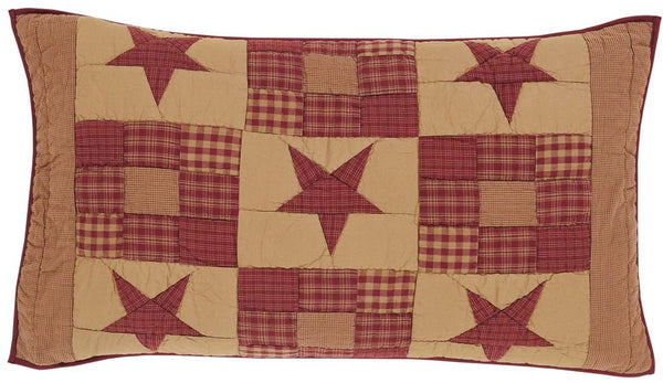 The Ninepatch Star King Sham features a 3x3 grid of alternating plaid stars and ninepatch blocks. Reverses to solid burgundy with three boutique tie closures. Primitive Country Farmhouse Bedding Home Decor.