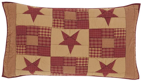 The Ninepatch Star King Sham features a 3x3 grid of alternating plaid stars and ninepatch blocks. Reverses to solid burgundy with three boutique tie closures. Primitive Country Farmhouse Bedding Home Decor.