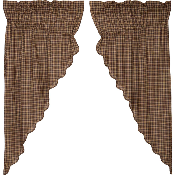 Prescott Prairie Short Panel Scalloped Set of 2 36x63x18, Earth tone brown, tan, and creme plaid fabric. Primitive Country Farmhouse Window Treatments Curtains Home Decor.