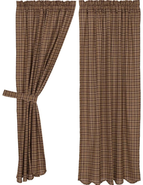 Prescott Short Panel Scalloped Set of 2 63x36, earth-toned brown, light tan, and creme plaid. Primitive Country Farmhouse Window Treatments Curtains Home Decor.