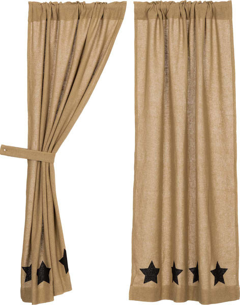 Burlap Natural Black Stencil Stars Short Curtain Panel 63 in. Soft natural cotton burlap Bordered with black stenciled 5-point stars. Primitive Country Farmhouse Window Treatments Curtains Home Decor.