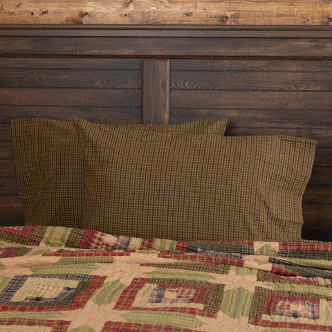 Tea Cabin Green Plaid Standard Pillow Case Set of 2 21x30, moss green, muted chartreuse, navy plaid. Primitive Country Farmhouse Bedding Home Decor.
