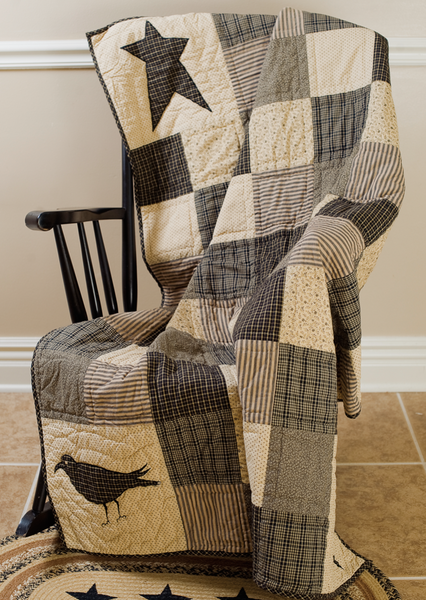 Kettle Grove Throw Crow and Star, Creme, black, tan, and gray, crow, star Primitive Country Farmhouse Bedding Blanket Quilt Home Decor & Accessories.