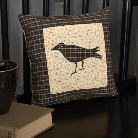 Kettle Grove Pillow Crow 10x10, Appliqued primitive crow on charcoal and creme floral ground with black and tan plaid border. Primitive Country Farmhouse Bedding Home Decor.
